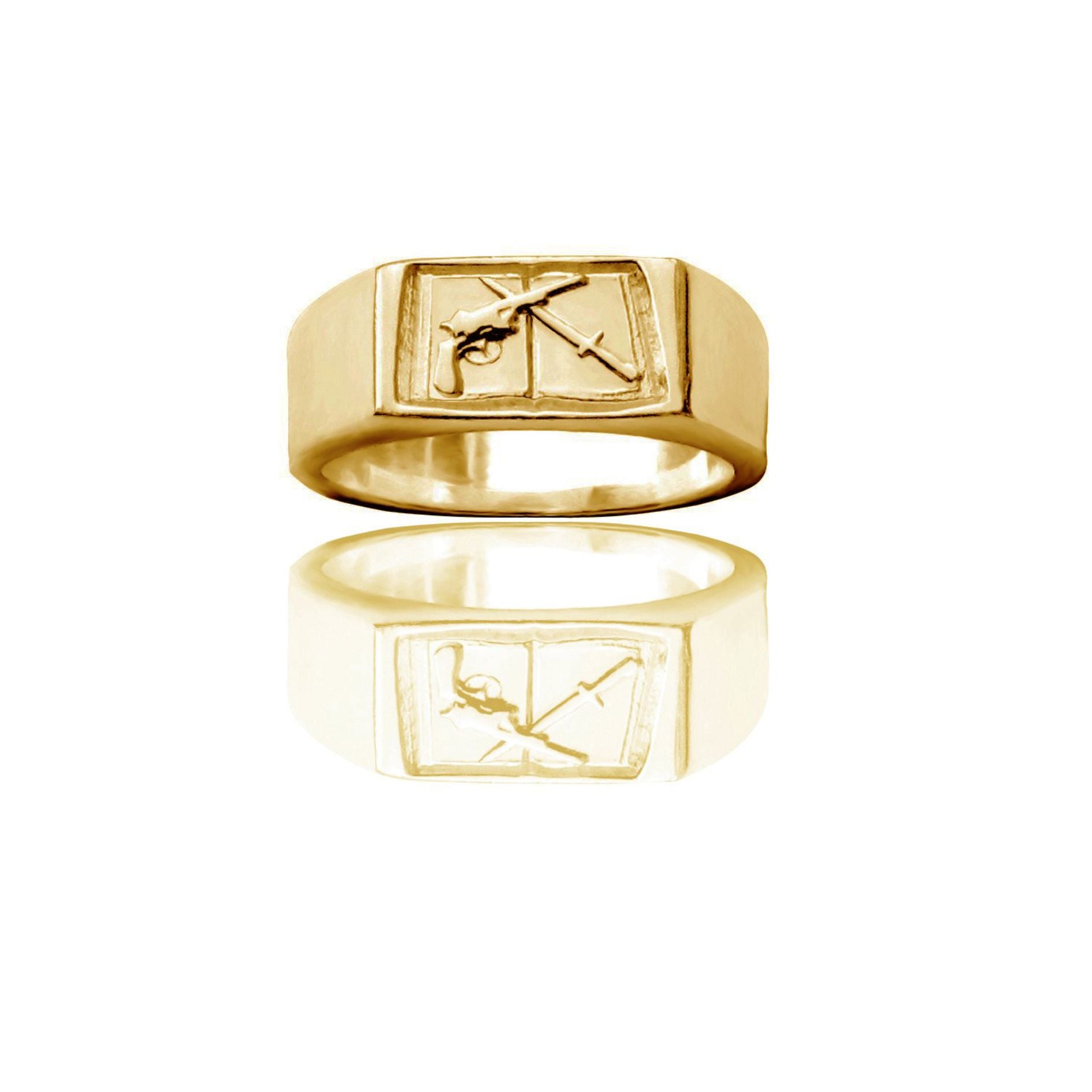 Nas Nakit Komiti Ring in gold, featuring the Gospel, revolver and dagger motif